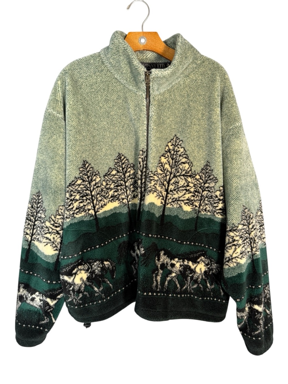 Vintage Outback Trading Green Fleece Zipper Jacket Horses Trees Equestrian XL